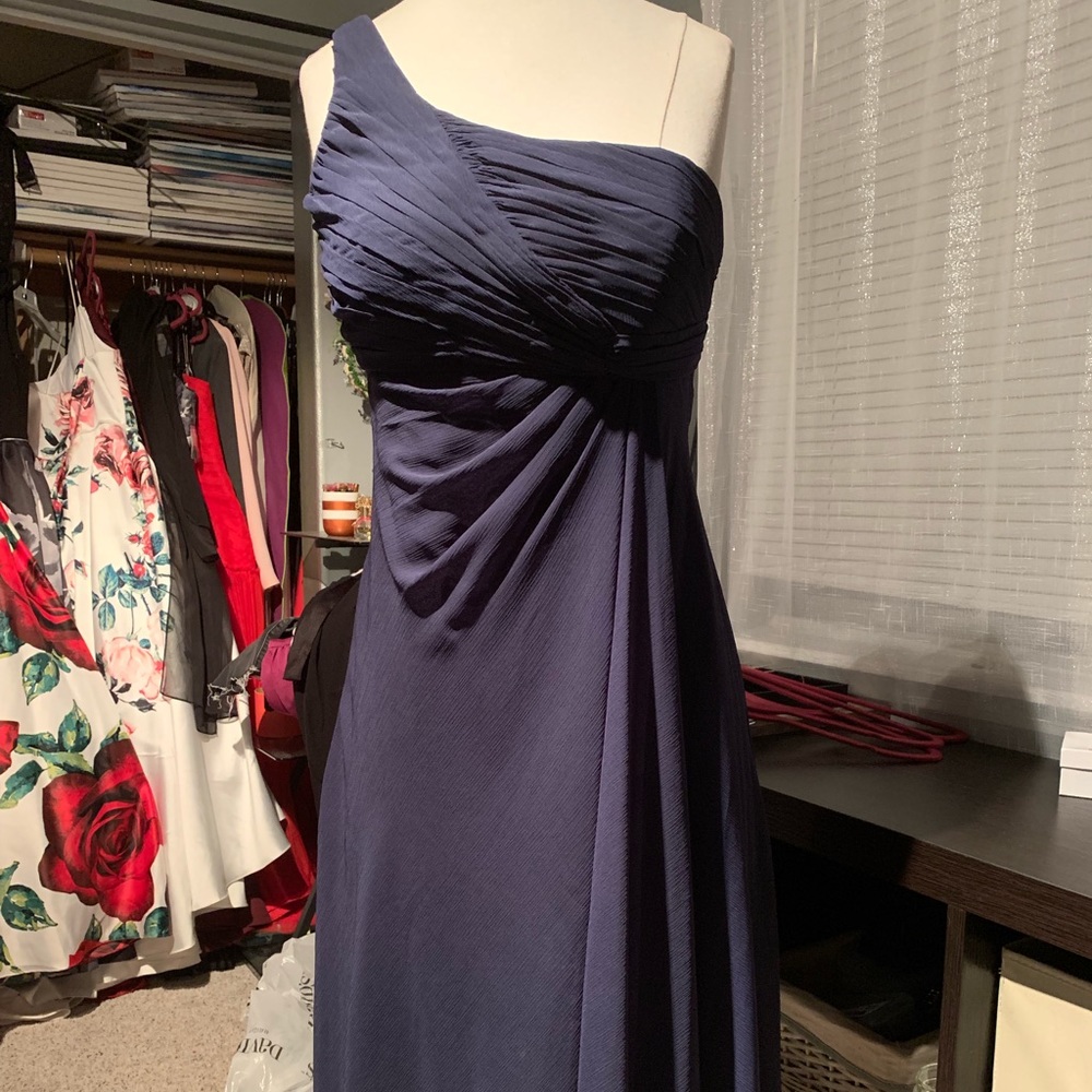 Navy chiffon asymmetrical one shoulder dress